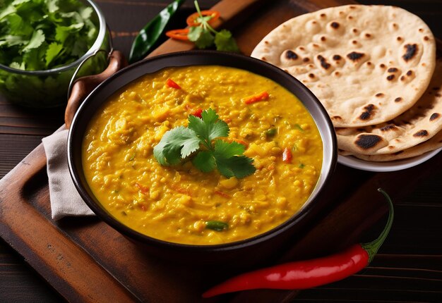 Foto von indischem Roti-Essen mit leckerem Hühnchen-Curry und Masala-Curry