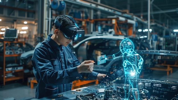 Foto von Ingenieuren, die die 3D-Modellierung eines zukünftigen Fahrzeugprototyps in einer Automobilfabrik visualisieren