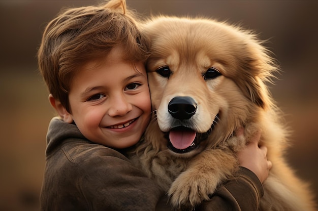 Foto von jungen Menschen, die einen Hund umarmen Porträt eines jungen Mannes und seines Hundes im Freien, generiert von Ai