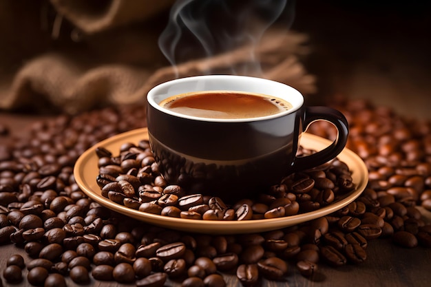 Foto von Kaffeetasse umgeben von Kaffeebohnen Kaffee