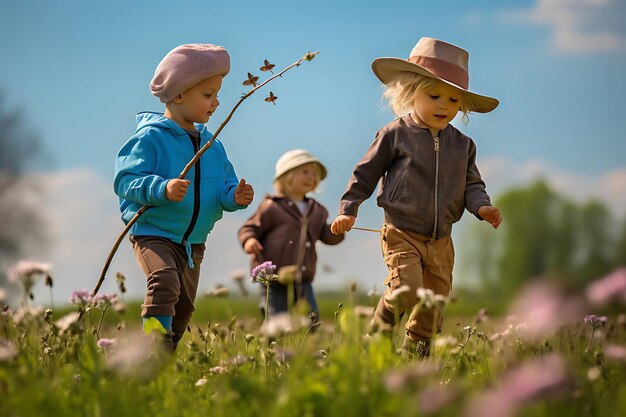 Foto von Kindern, die Drachen auf einem Feld mit Wildblumen fliegen