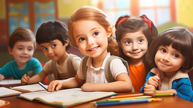 Foto von Kindern, die mit dem Lehrer im Klassenzimmer lernen