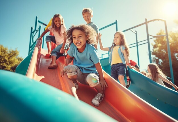 Foto von Kindern, die Spaß haben und auf einem Spielplatz im Freien spielen