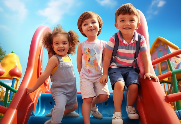 Foto von Kindern, die Spaß haben und auf einem Spielplatz im Freien spielen