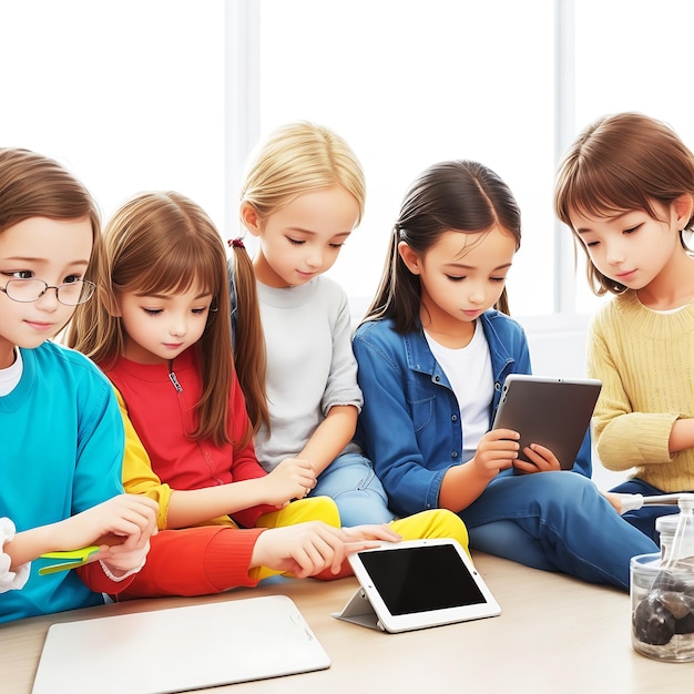 Foto von Kindern, die während des Unterrichts ein Tablet verwenden. Ai-Generierung