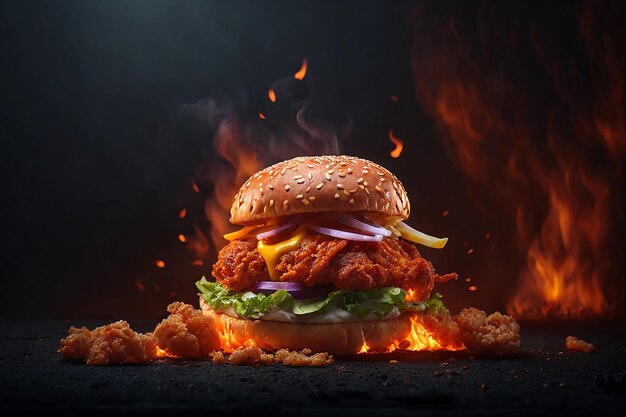 Foto foto von köstlichen, würzigen brathähnchen-burger-anzeigen mit brennendem feuer auf dunklem hintergrund