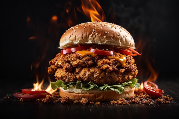 Foto von köstlichen, würzigen Brathähnchen-Burger-Anzeigen mit brennendem Feuer auf dunklem Hintergrund