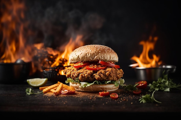 Foto von köstlichen, würzigen Brathähnchen-Burger-Anzeigen mit brennendem Feuer auf dunklem Hintergrund