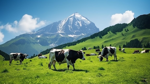 Foto von Kühen, die auf dem Gras liegen, mit wunderschöner Naturlandschaft
