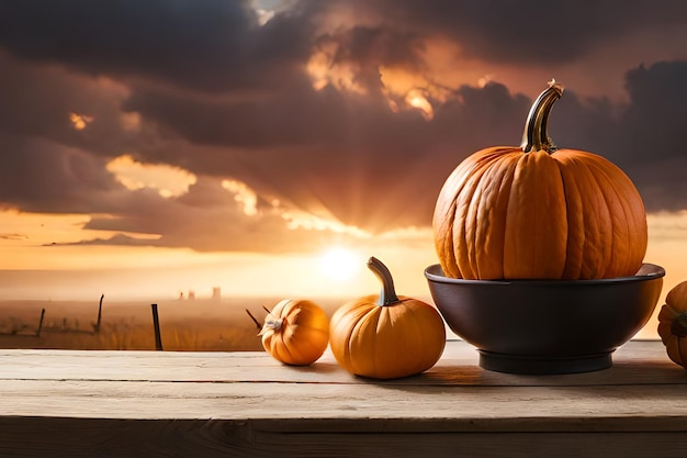 Foto von Kürbissen und Halloween-Accessoires auf einem hölzernen Hintergrund