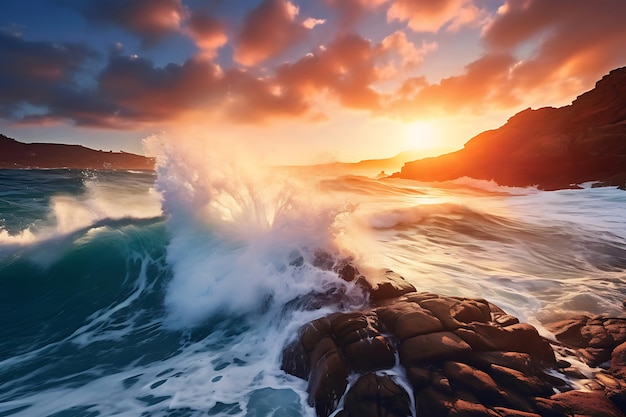 Foto von Küstenfelsen mit Wellen, die beim Sonnenuntergang zusammenbrechen