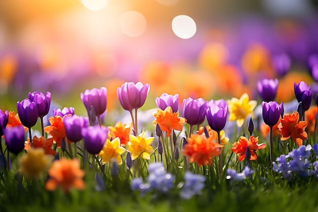 Foto foto von lebendigen frühlingsblumen mit einem bokeh-hintergrund