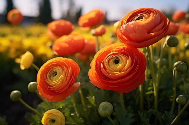 Foto foto von lebendigen ranunculusblumen auf einem feld frühling