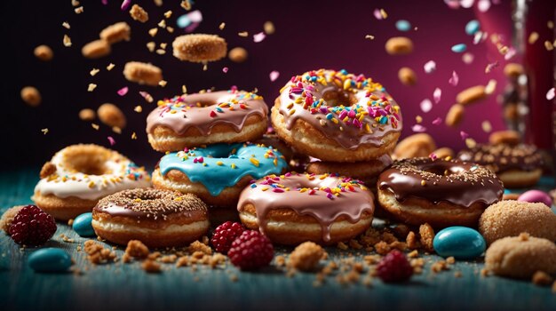 Foto von leckeren Donuts mit verschiedenen Geschmacksrichtungen, filmische Food-Fotografie