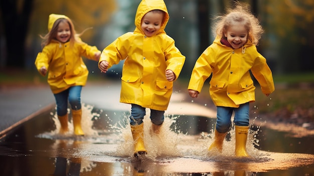 Foto von lustigen süßen Kindern, die an einem regnerischen Tag mit regnerischem Wetter spielen und rennen