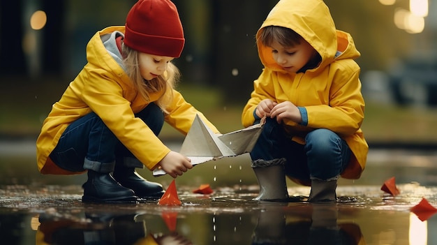 Foto von lustigen süßen Kindern, die an einem regnerischen Tag mit regnerischem Wetter spielen und rennen