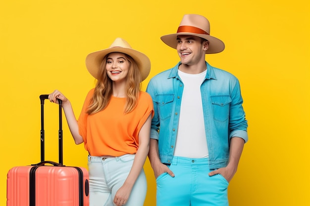 Foto von Mann und Frau in Sommerkleidung für Reisen mit Koffern