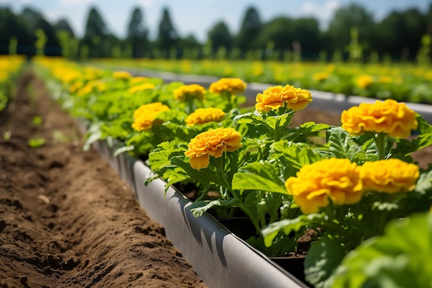 Foto von Marigold, die an einen Gemüsegarten grenzt