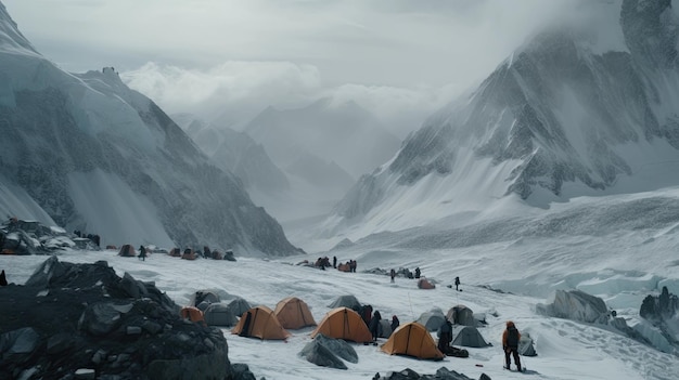 Foto von Menschen, die mit Zelten in verschneitem Gelände campen