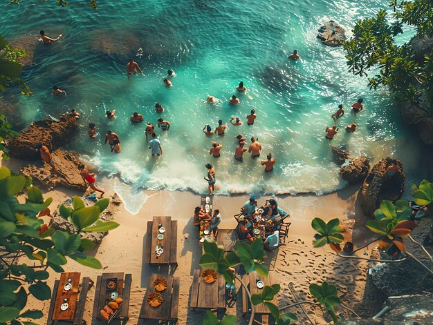 Foto von Menschen, die sich zu einem Picknick an einem ruhigen thailändischen Strand mit Familienaktivitäten versammeln