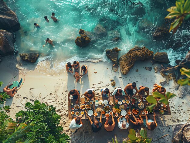 Foto von Menschen, die sich zu einem Picknick an einem ruhigen thailändischen Strand mit Familienaktivitäten versammeln