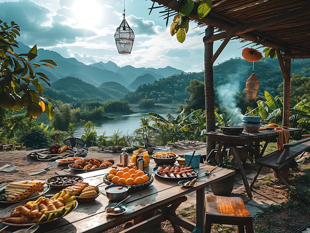 Foto von Menschen, die sich zu einem Picknick in einer ruhigen vietnamesischen Reisfamilie versammeln