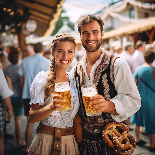 Foto von Menschen in traditionellen bayerischen Kostümen, Bier und Brezeln