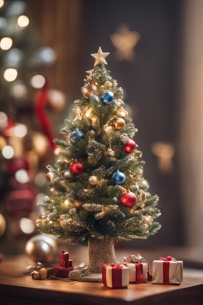 Foto von Mini-Weihnachtsbaum mit Ornamenten im Wohnzimmer für Weihnachts-Hintergrund-Banner oder -Poster