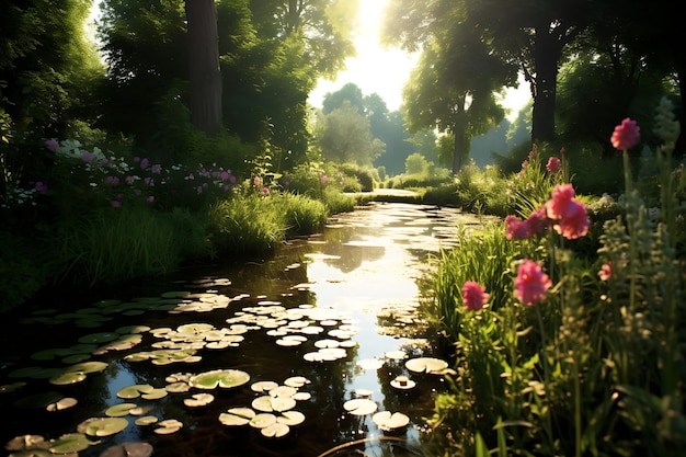 Foto von Monet-inspiriertem Garten mit Wasserlilien Blumengarten