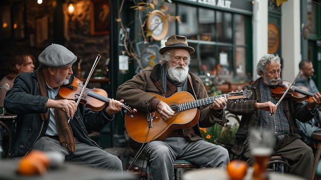 Foto von Musikern, die traditionelle Melodien in einem irischen Pub-Garten spielen W Familienaktivitäten Job Pflege