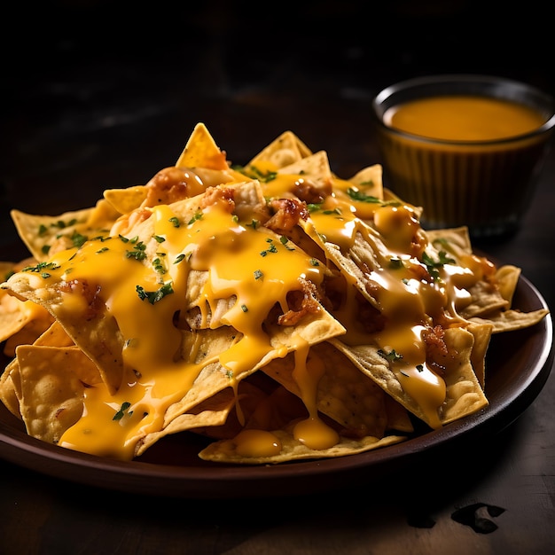 Foto foto von nachos mit geschmolzener cheddar-sauce oben