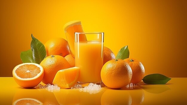 Foto von natürlichen saftigen Orangenfrüchten und -saft mit orangefarbenem Farmhintergrund