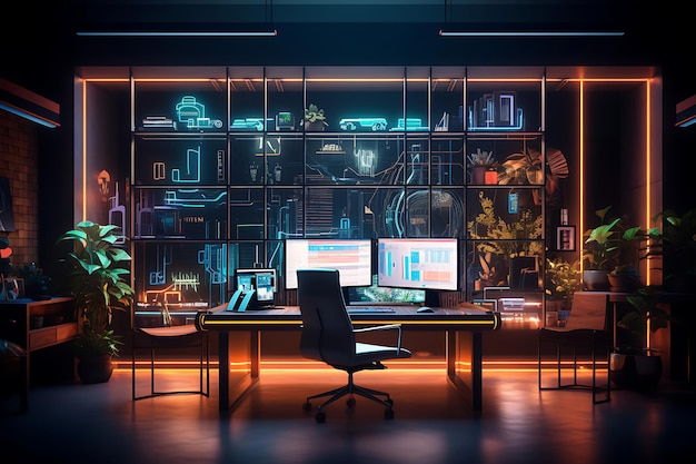 Foto von Neonbeleuchtetem Interieur eines modernen Büro-Neon-Hintergrunds