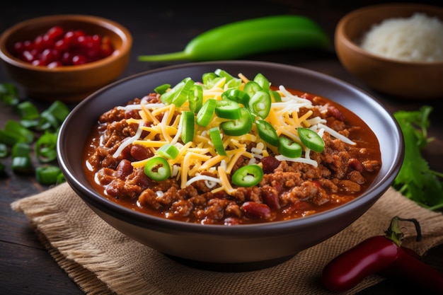 Foto von oben: eine Schüssel Chili mit Käse und Frühlingszwiebeln