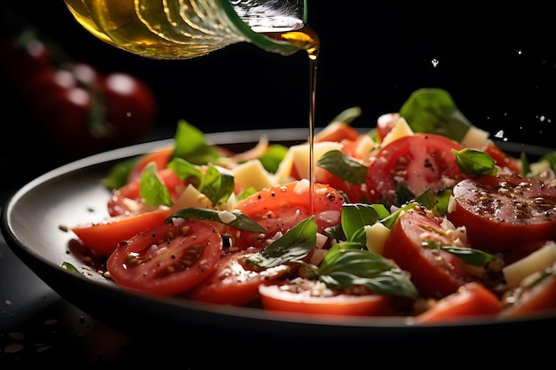 Foto von Olivenöl, das auf einen Tomatensalat gegossen wird