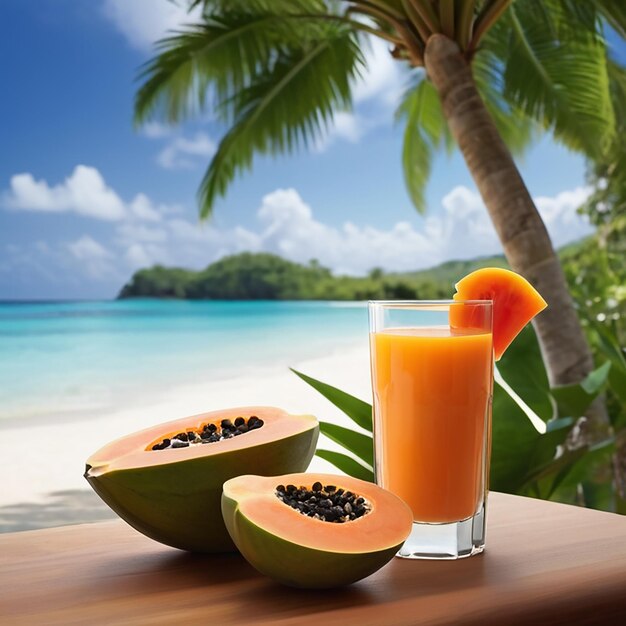 Foto von Papaya-Fruchten und Papaya-Saft mit KI