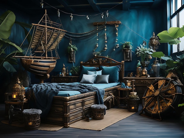 Foto von Pirate Room Boys mit Piratenschiff-Bett, Schatztruhe, Piraten-Content-Creator-Livestream