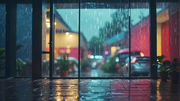 Foto von Regen außerhalb des Fensters Wassertropfen auf Glas Bokeh warme Stimmung