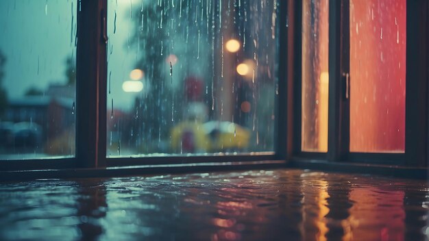 Foto von Regen außerhalb des Fensters Wassertropfen auf Glas Bokeh warme Stimmung
