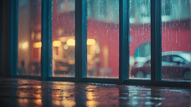 Foto von Regen außerhalb des Fensters Wassertropfen auf Glas Bokeh warme Stimmung