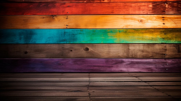 Foto von Regenbogen-Holzbrettern im Hintergrund. Generative KI