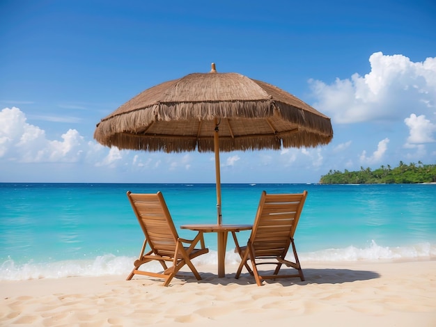 Foto von Regenschirm und Stühlen am tropischen Meerstrand