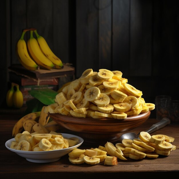 Foto von reifer Bananenschüssel und Scheiben mit isoliertem Hintergrund