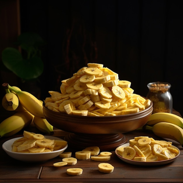 Foto von reifer Bananenschüssel und Scheiben mit isoliertem Hintergrund