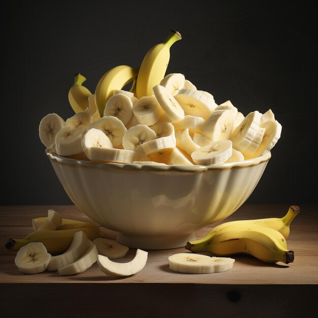 Foto von reifer Bananenschüssel und Scheiben mit isoliertem Hintergrund