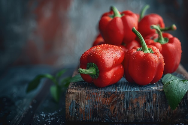 Foto von roten Paprikaschoten auf einem dunklen Holztisch im Stil einer Food-Fotografie-Produkt-Photoshoot