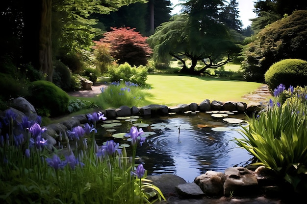 Foto von Ruhe Teich umgeben von Iris Blumengarten