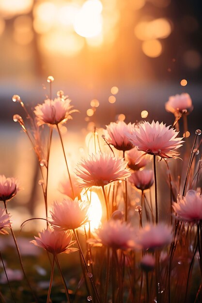 Foto von ruhigem Wiesen Sonnenaufgang mit Wildblumen und einem sanften Nebel C friedliche Landschaften Ruhe