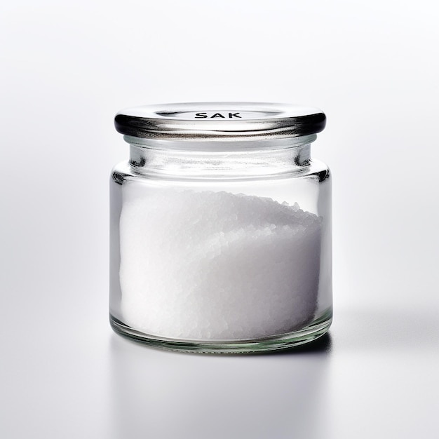 Foto von Salz in einem minimalistischen inneren transparenten Glas, isoliert auf weißem Hintergrund