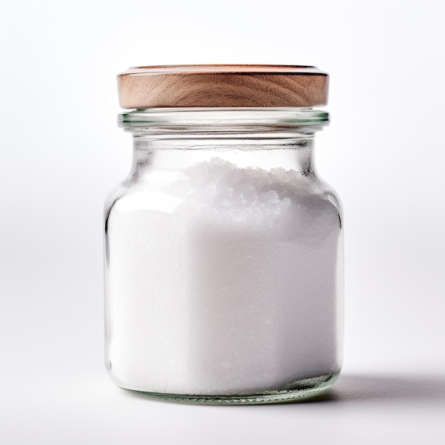 Foto von Salz in einem minimalistischen inneren transparenten Glas, isoliert auf weißem Hintergrund